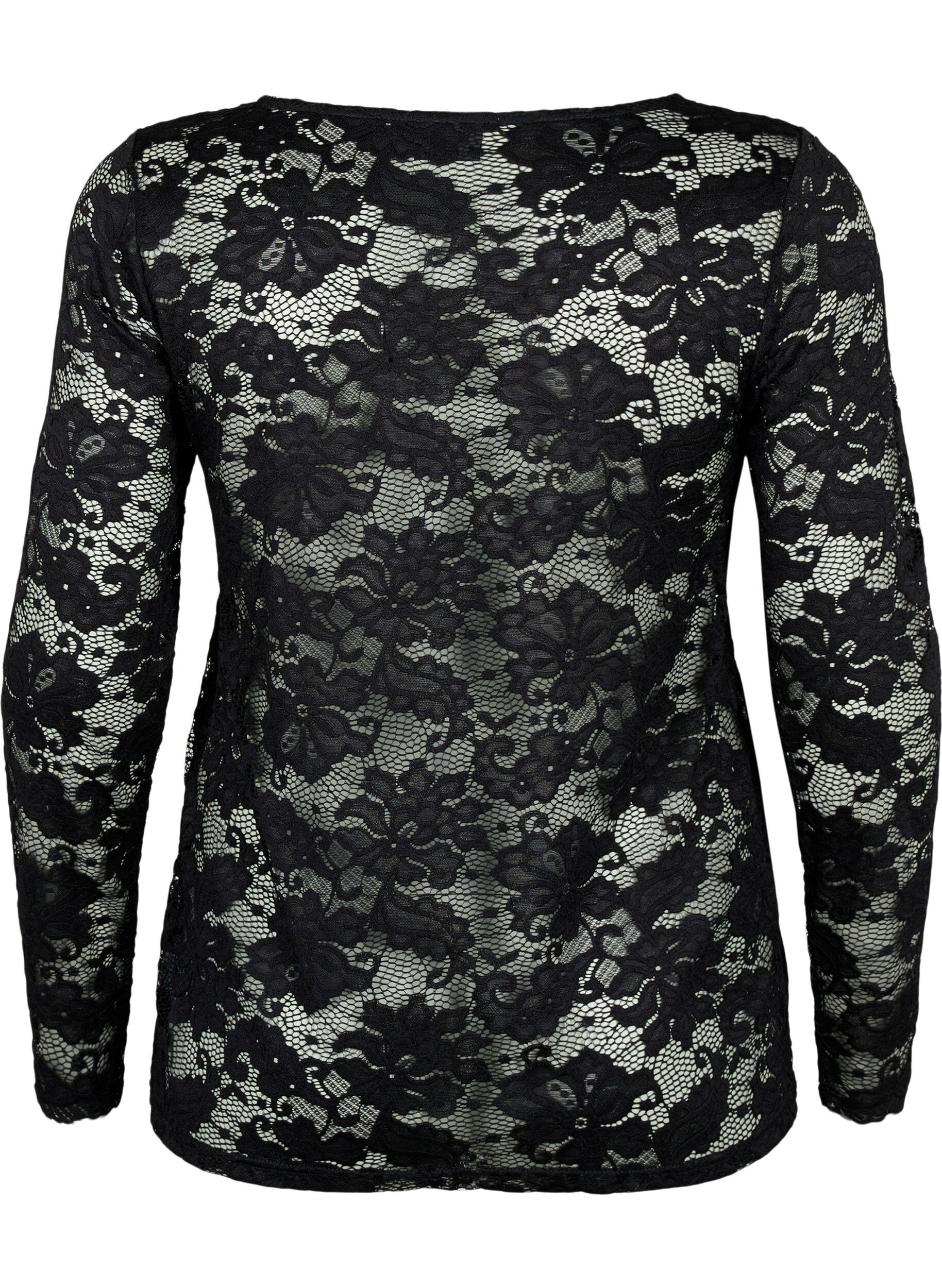 ZizziLanges &Auml;rmel Spitzenbluse mit V-Ausschnitt, Black, Packshot image number 1