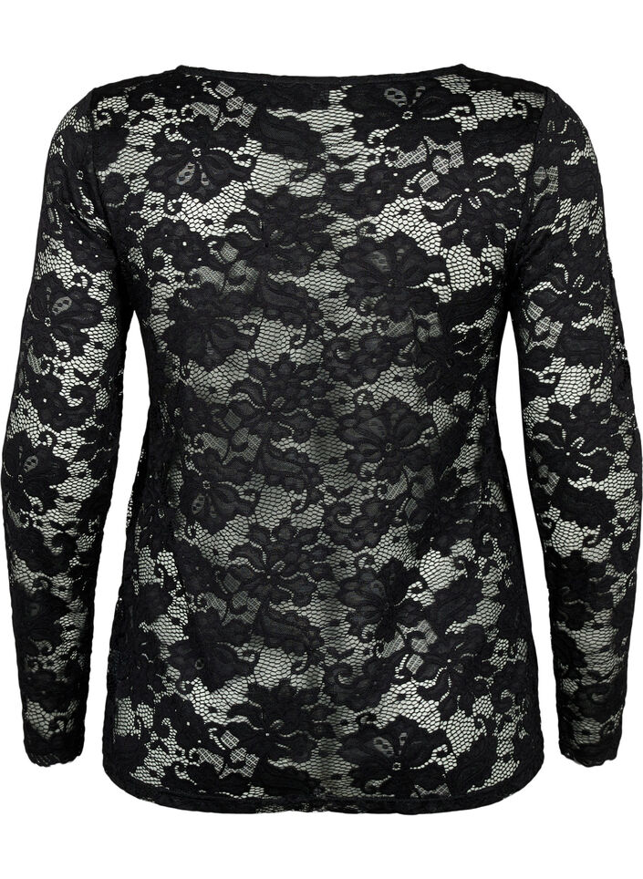 Langes &Auml;rmel Spitzenbluse mit V-Ausschnitt, Black, Packshot image number 1