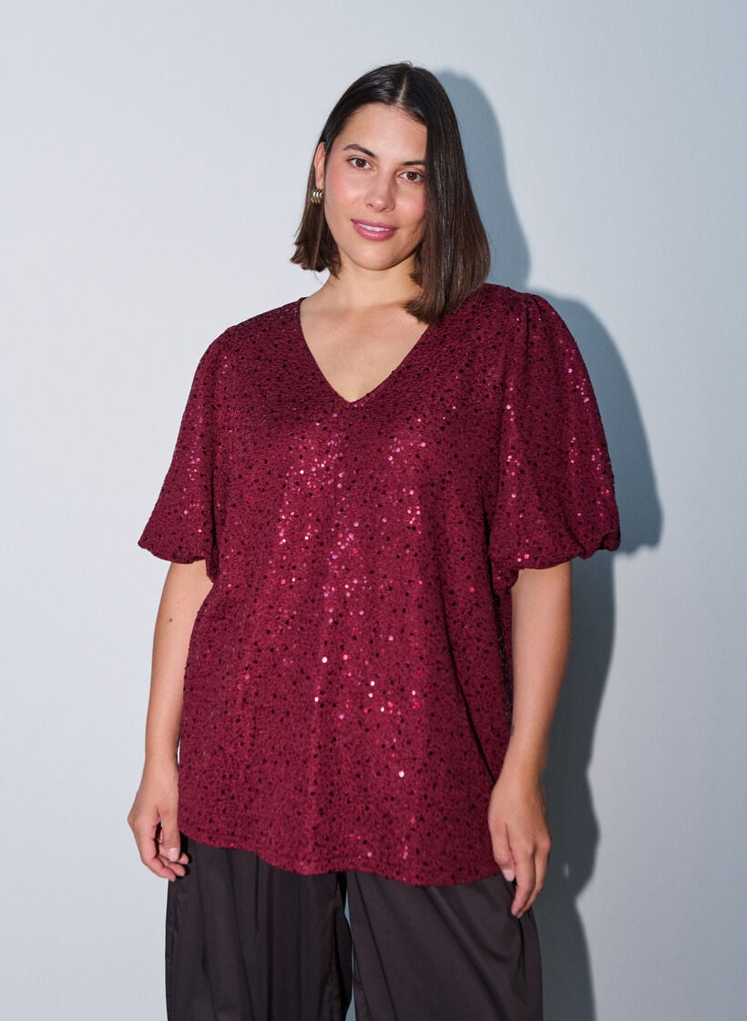 Paillettenbluse mit Ballon&auml;rmeln, Rot, Model image number 0