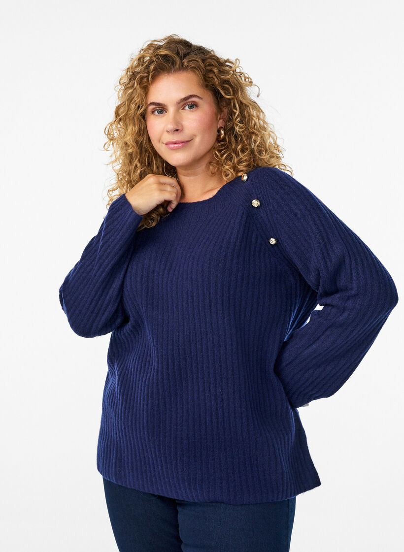 Pullover aus Rippstrick mit Zierknöpfen, Blau, Model image number 0