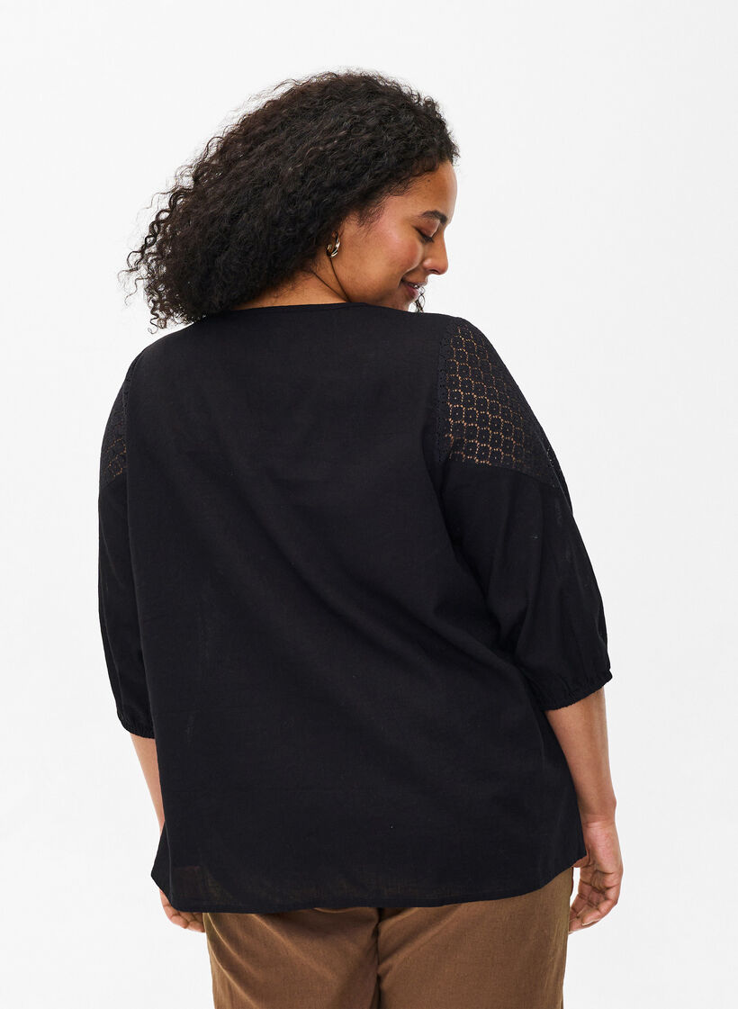 Bluse aus Baumwollmischung mit Leinen und H&auml;keldetails, Black, Model image number 1