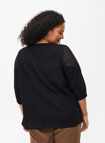 Bluse aus Baumwollmischung mit Leinen und Häkeldetails, Black, Model image number 1