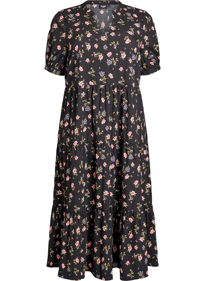 Kn&ouml;chellanges Kleid mit kurzen &Auml;rmeln und gestuften Volants, Schwarz, Packshot image number 0