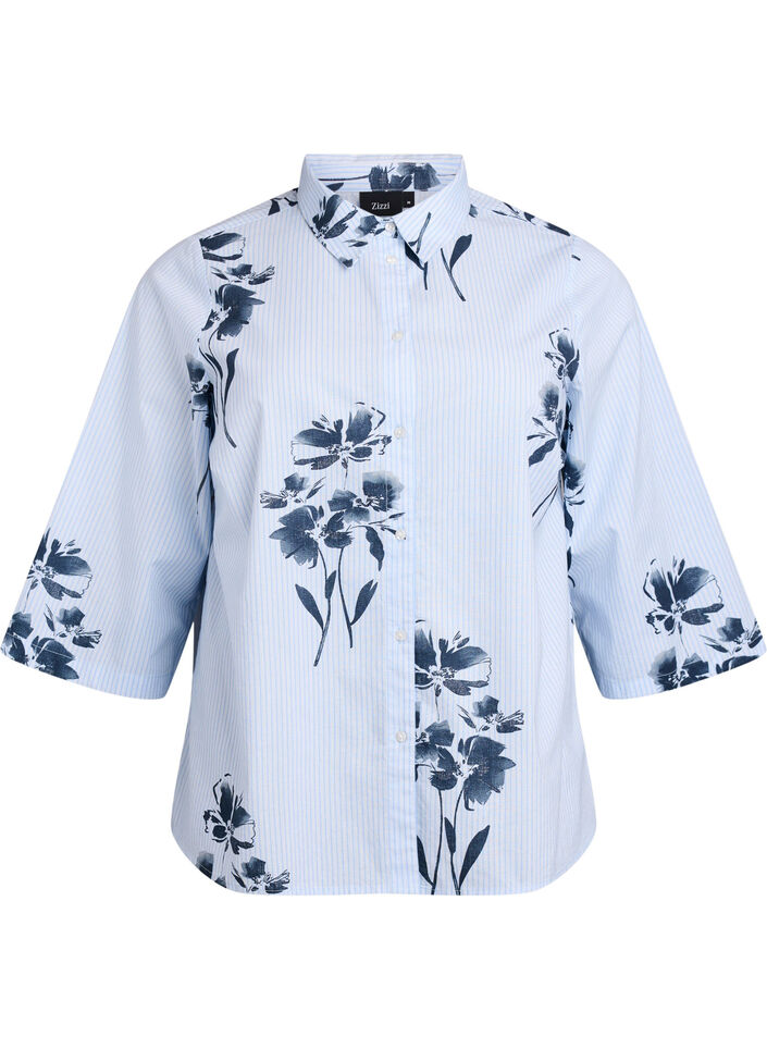 Gestreiftes Shirt mit Blumenprint und 3/4-Ärmeln, Blau, Packshot image number 0