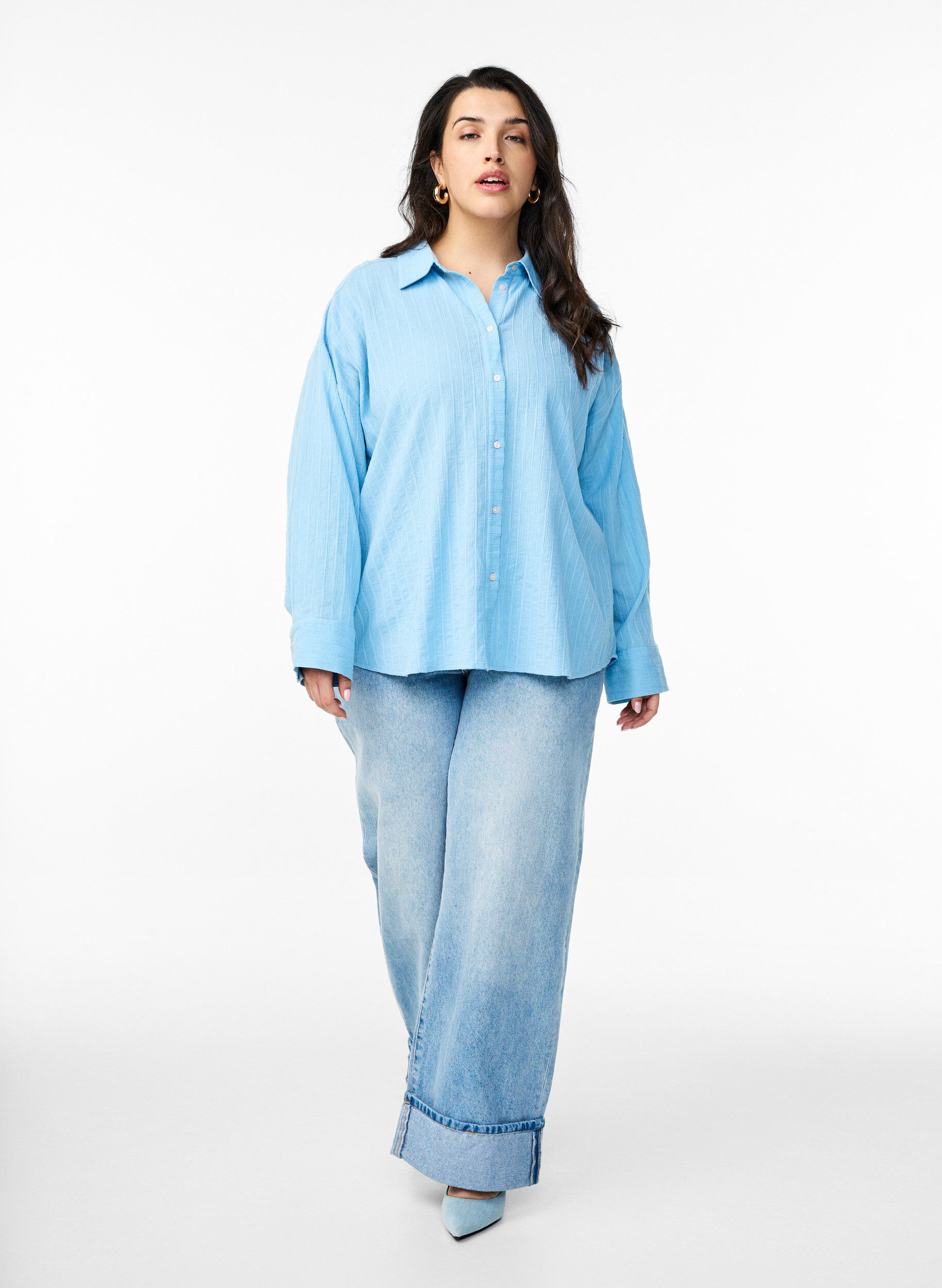 ZizziLockere Bluse mit Streifenstruktur und Glitzerfaden, Blau, Model image number 1