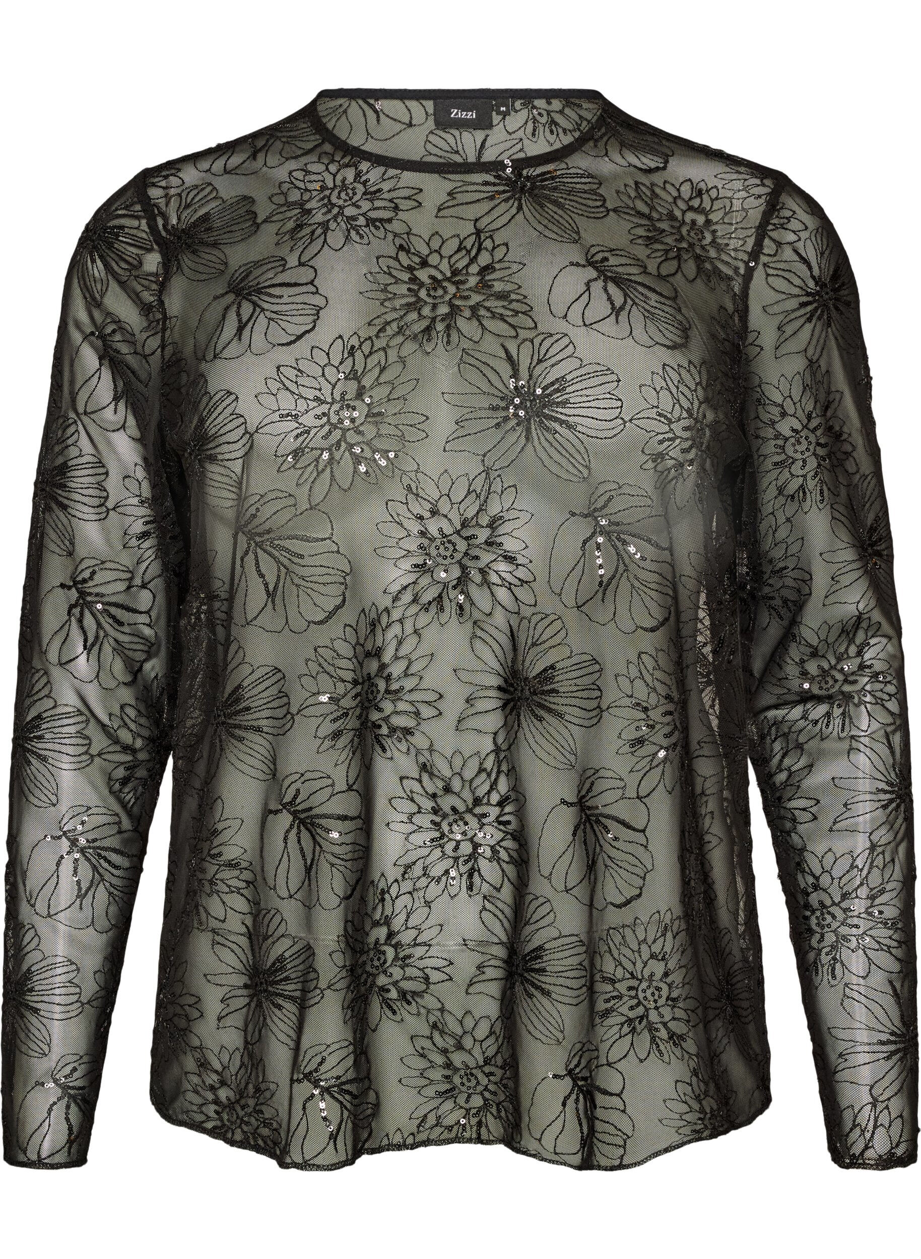 ZizziBluse aus Mesh mit Blumen und Pailletten, Schwarz, Packshot image number 0