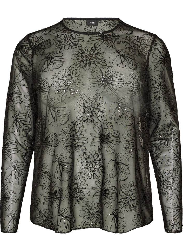 Bluse aus Mesh mit Blumen und Pailletten, Schwarz, Packshot image number 0
