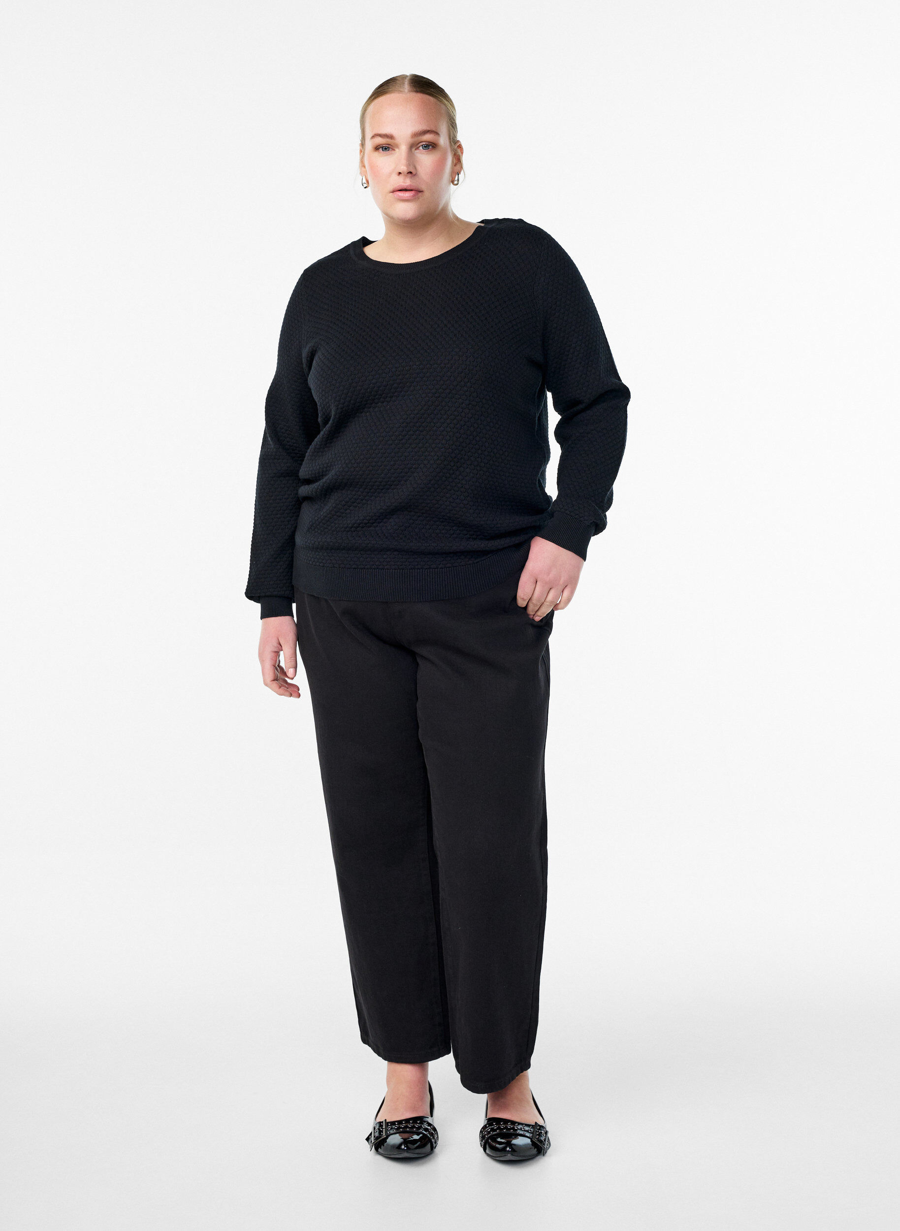 ZizziStrickbluse aus Baumwolle mit Strukturmuster, Schwarz, Model image number 1