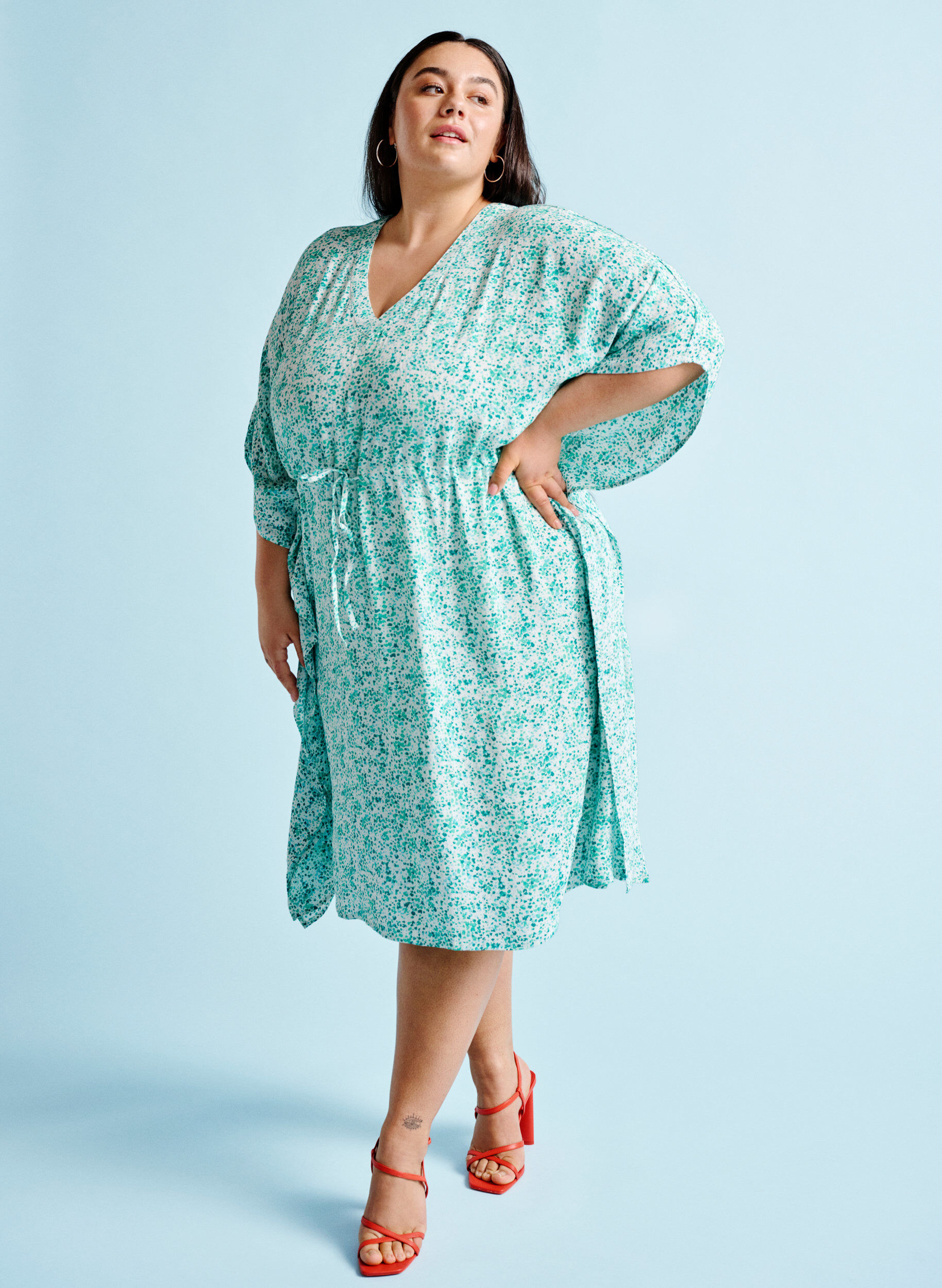 ZizziViskose Kaftan Kleid mit Druck, Green Dot, Image image number 0