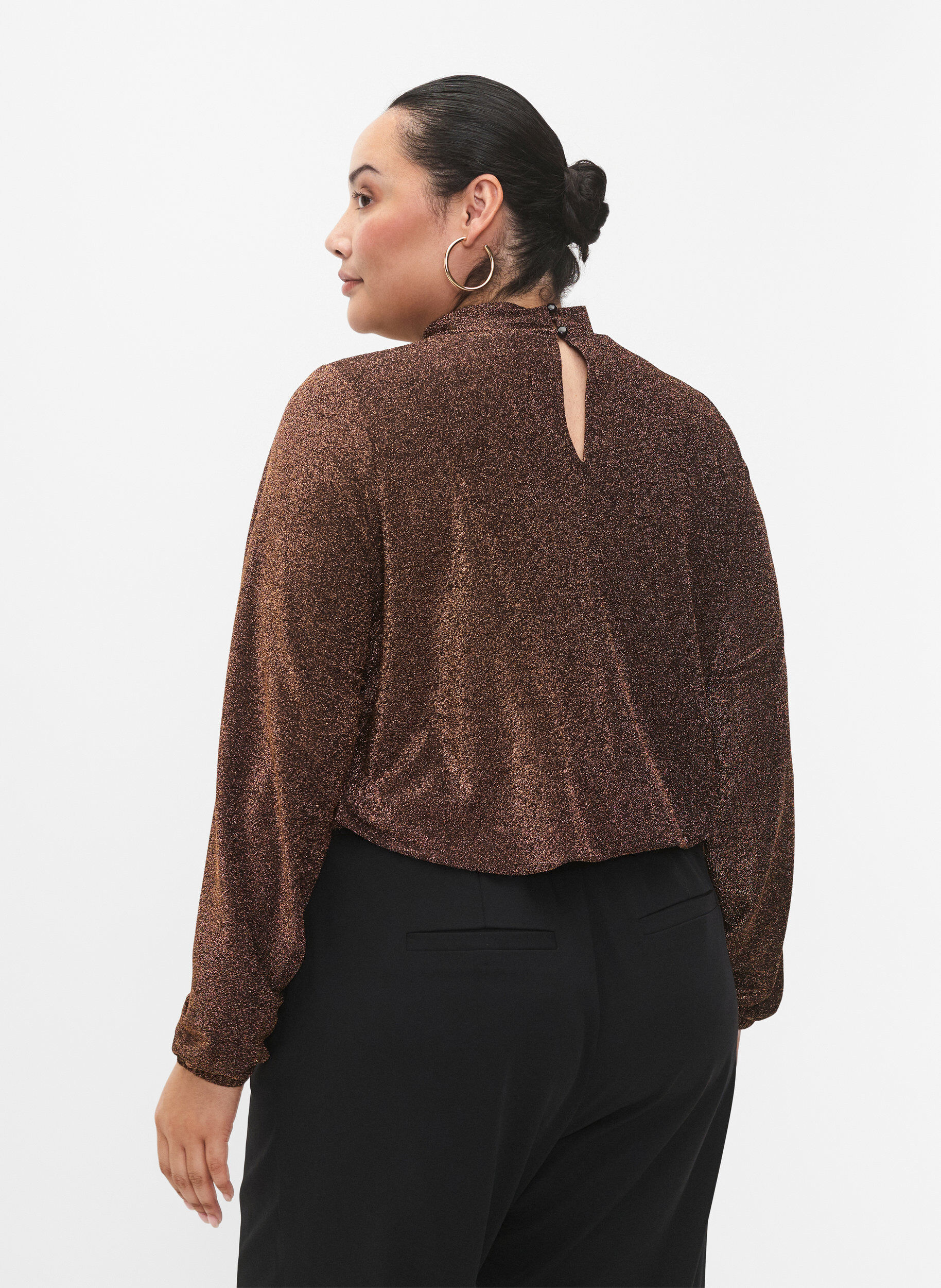 ZizziLang&auml;rmlige Glitzerbluse mit Rundhalsausschnitt und V-Detail, Black Copper, Model image number 1