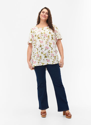 FLASH - Bluse mit kurzen Ärmeln und Print, Off White Flower, Model image number 2