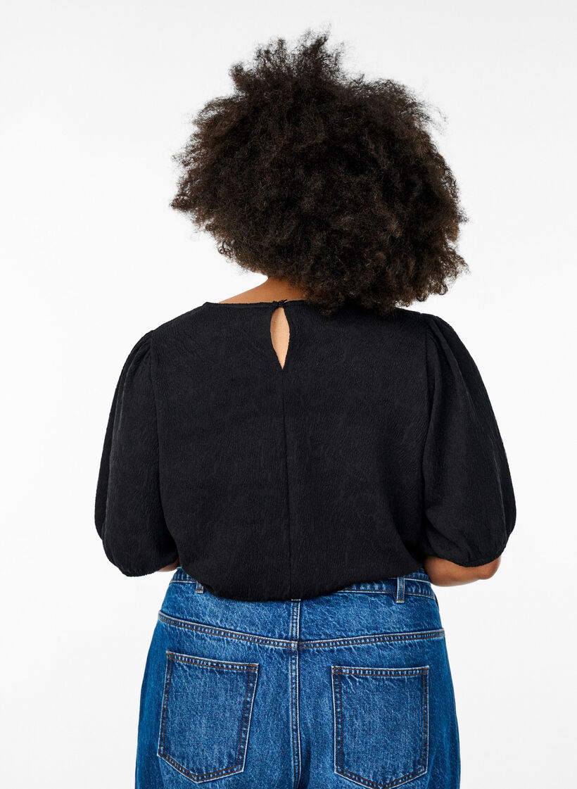 Strukturierte Bluse mit kurzen &Auml;rmeln, Schwarz, Model image number 2