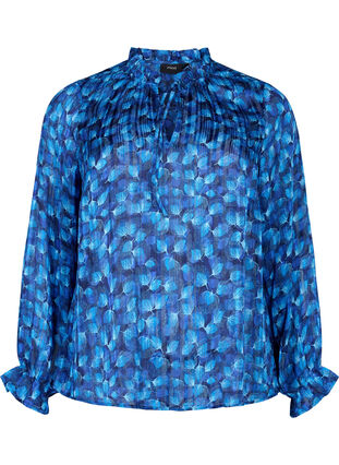 Langärmelige Bluse mit Rüschen und Aufdruck, Navy Blazer Leaf AOP, Packshot image number 0