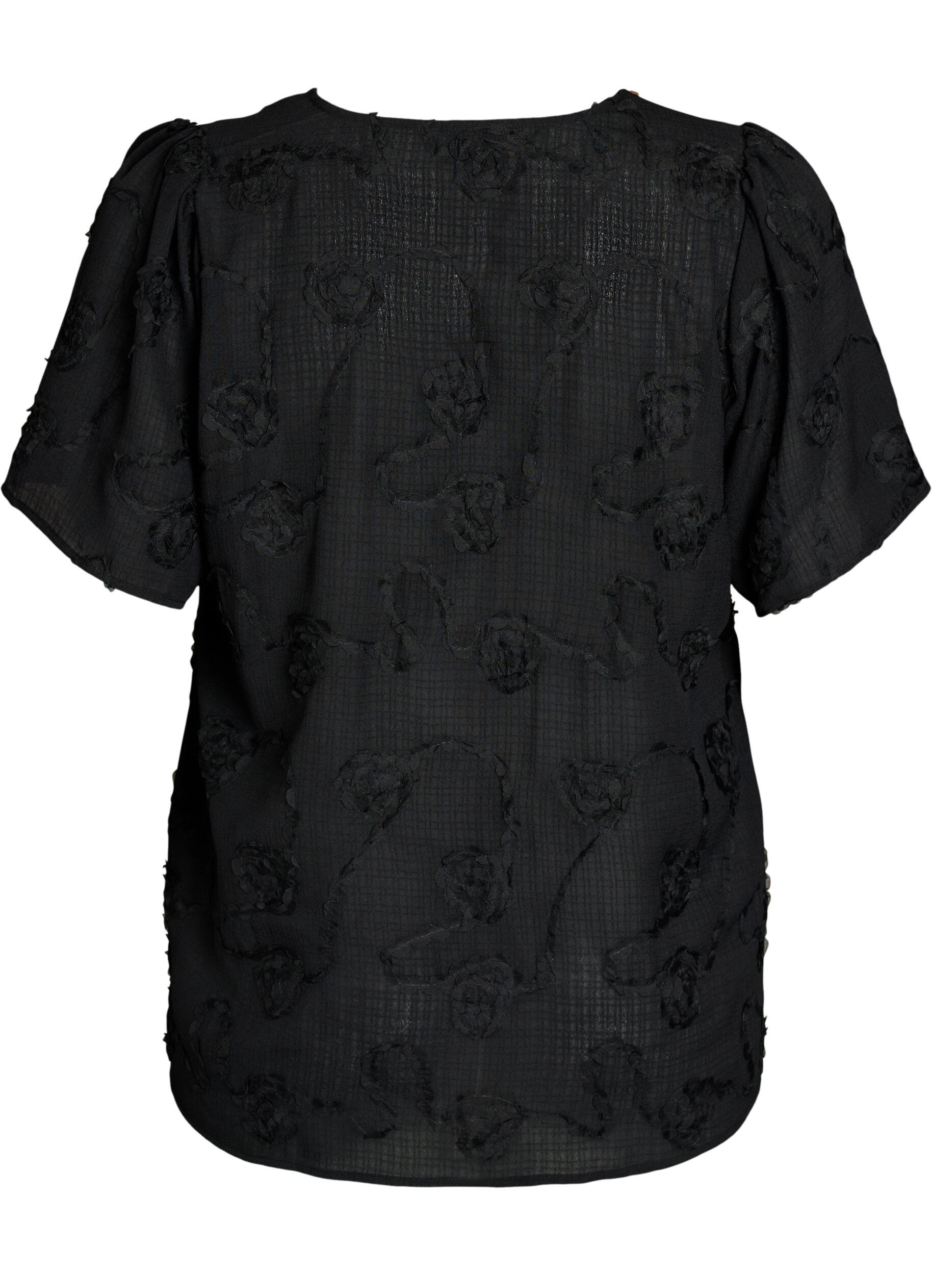ZizziShort-sleeved shirt blouse with a 3D flower effect, Black, Packshot image number 1