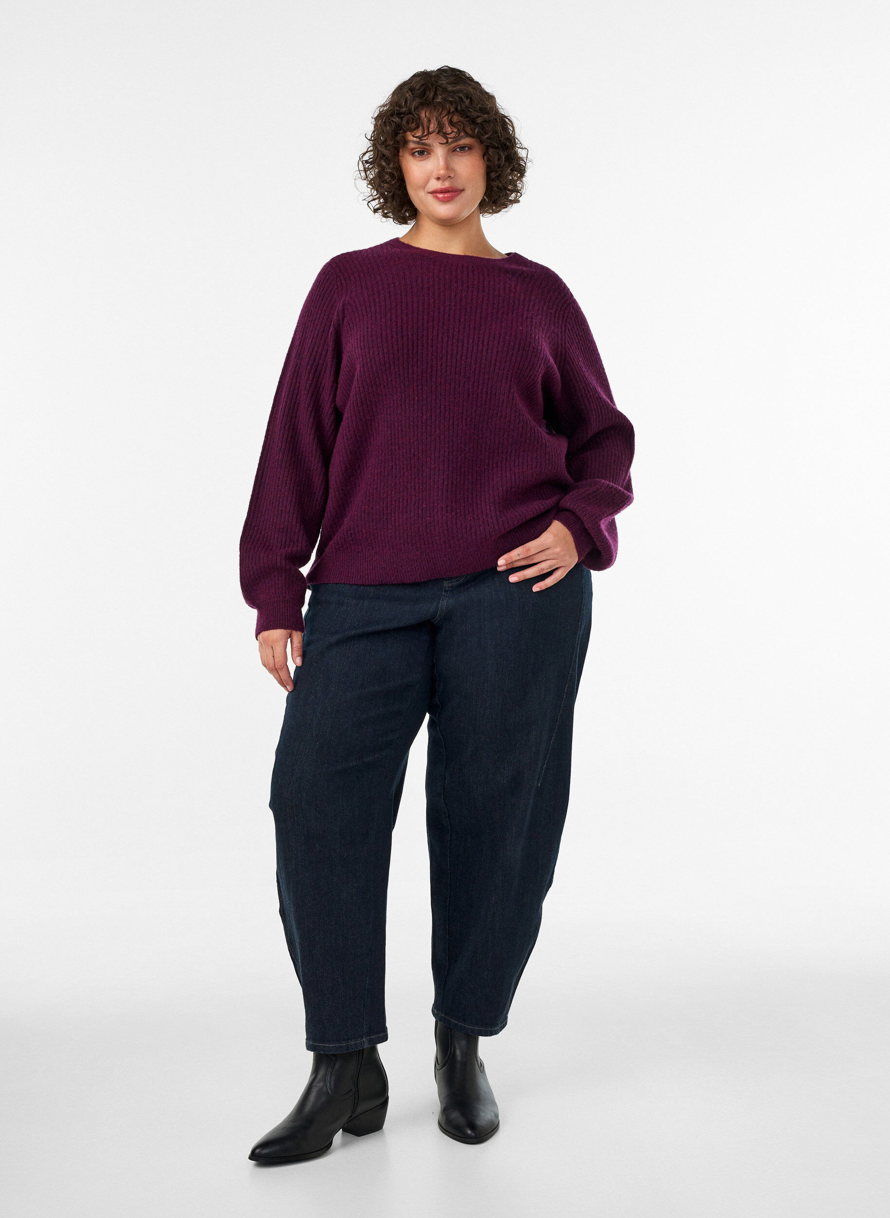 ZizziGerippter Pullover mit Ballon&auml;rmeln, Lila, Model image number 1