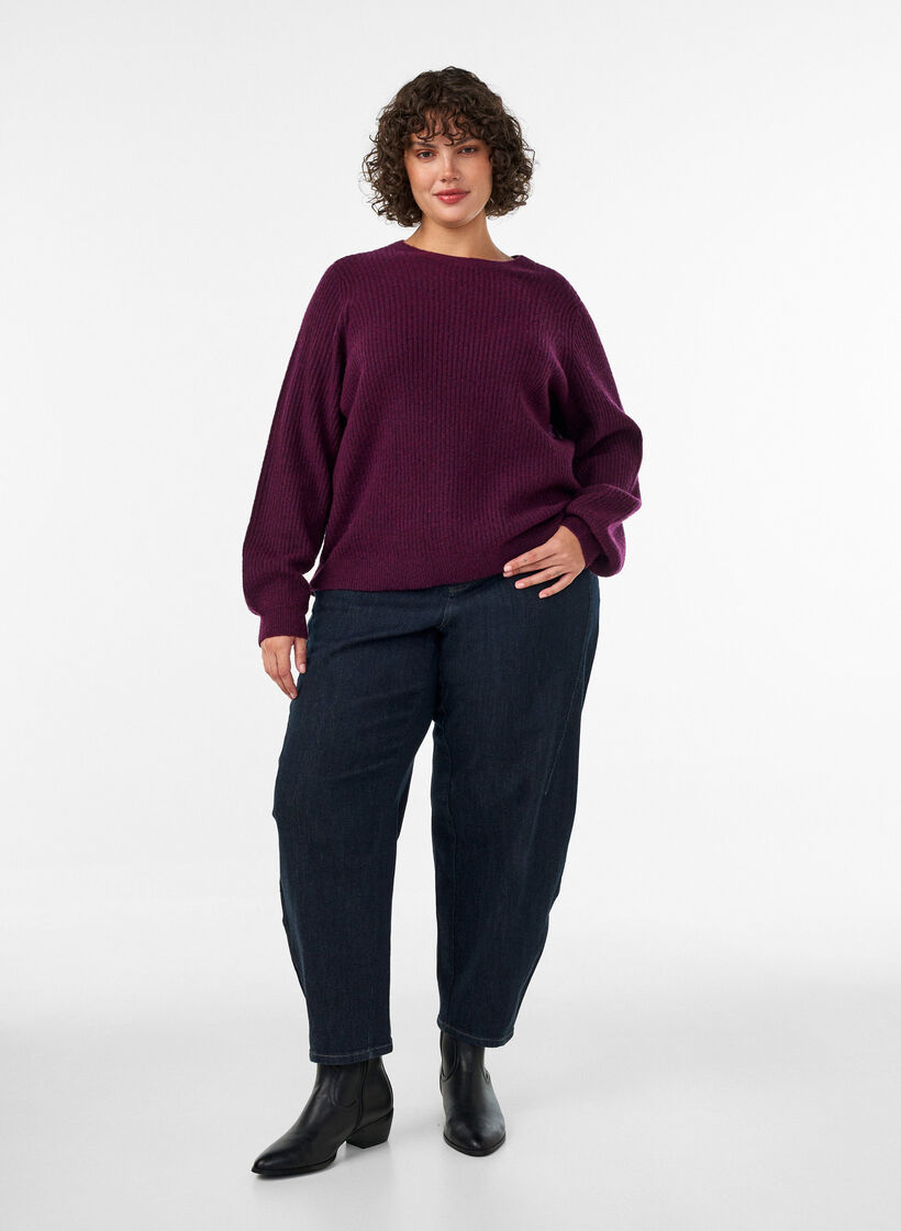 Gerippter Pullover mit Ballon&auml;rmeln, Lila, Model image number 1