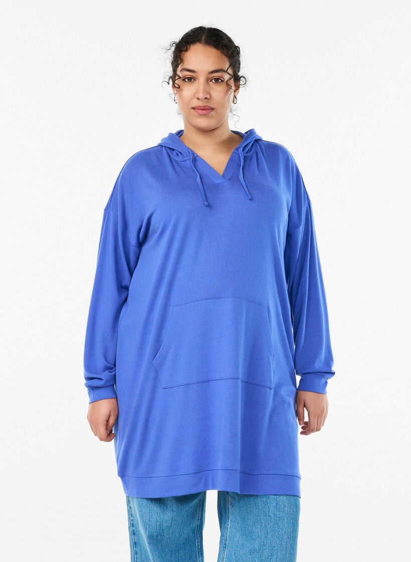 Kurzes Hoodie-Kleid mit K&auml;ngurutasche, Blau, Model image number 0