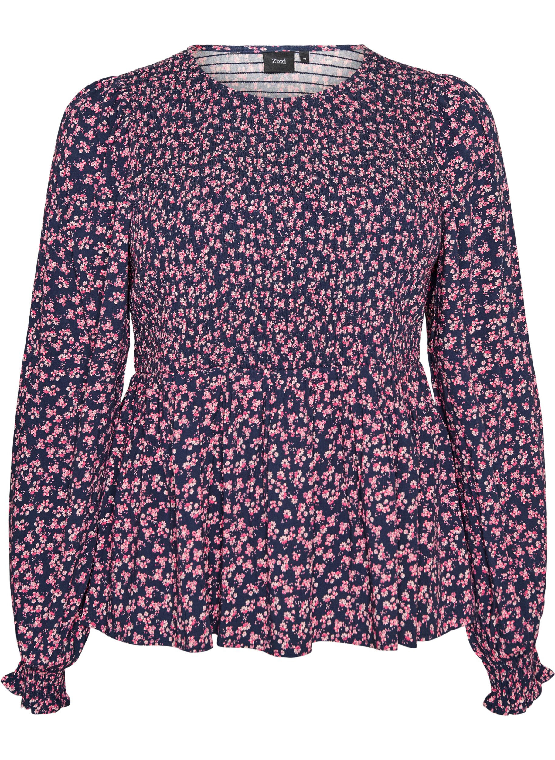 ZizziBluse mit gesmoktem Oberteil und gebl&uuml;mtem Print, Blau, Packshot image number 0