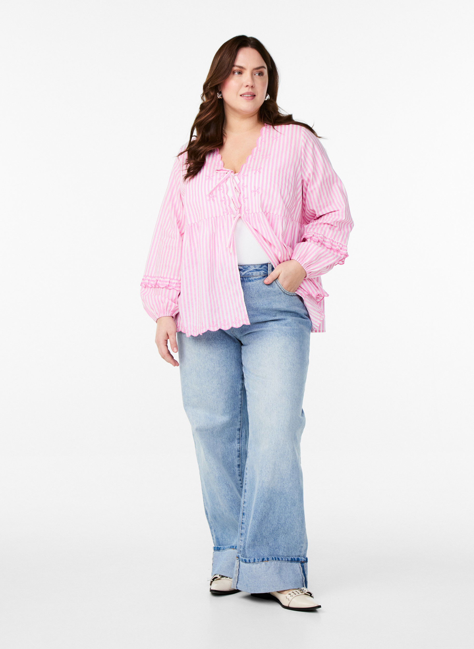 ZizziGestreifte Bluse mit offener Vorderseite und Stickereien, Pink, Model image number 1