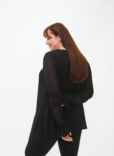 Bluse mit V-Ausschnitt und Rüschenärmeln, Black, Model image number 1