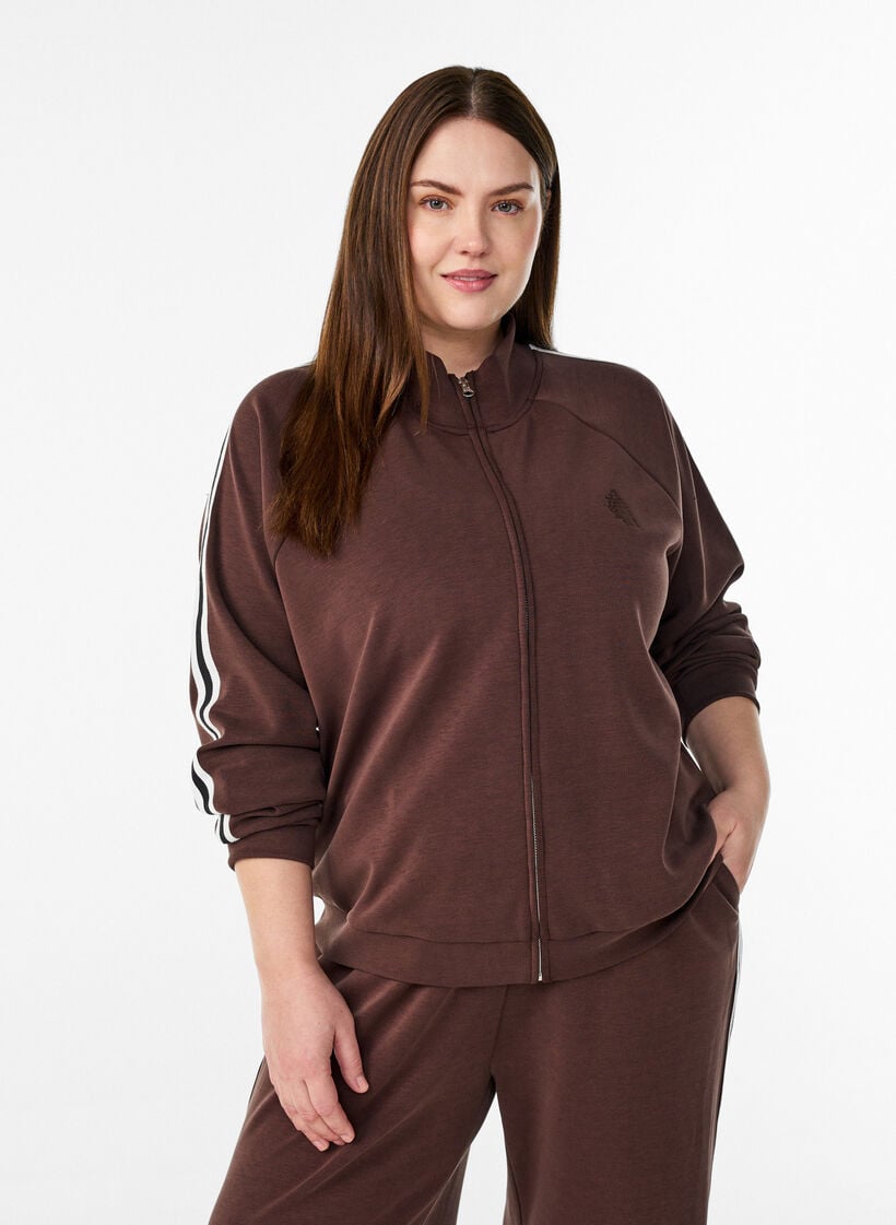 Hochgeschlossenes Trainingstop mit Streifen an den &Auml;rmeln, Braun, Model image number 0