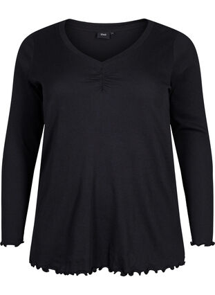 Gerippte Bluse mit langen Ärmeln und V-Ausschnitt, Black, Packshot image number 0