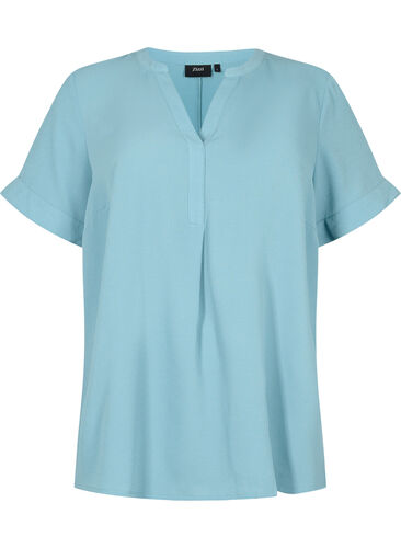 Kurzärmelige Bluse mit V-Ausschnitt, Smoke Blue, Packshot image number 0