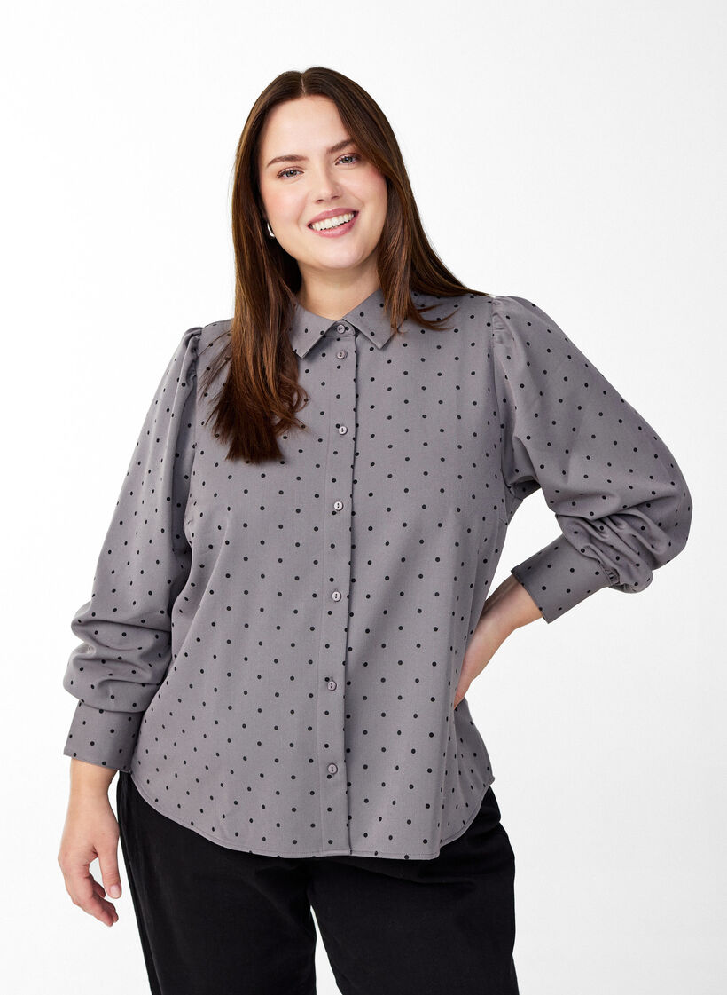 Bluse mit Kragen und Punkten, Grau, Model image number 0
