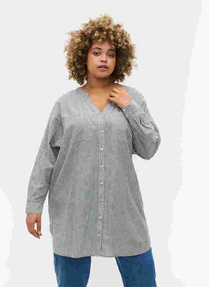 Gestreifte Hemdbluse aus 100% Baumwolle, Cilantro Stripe , Model image number 0