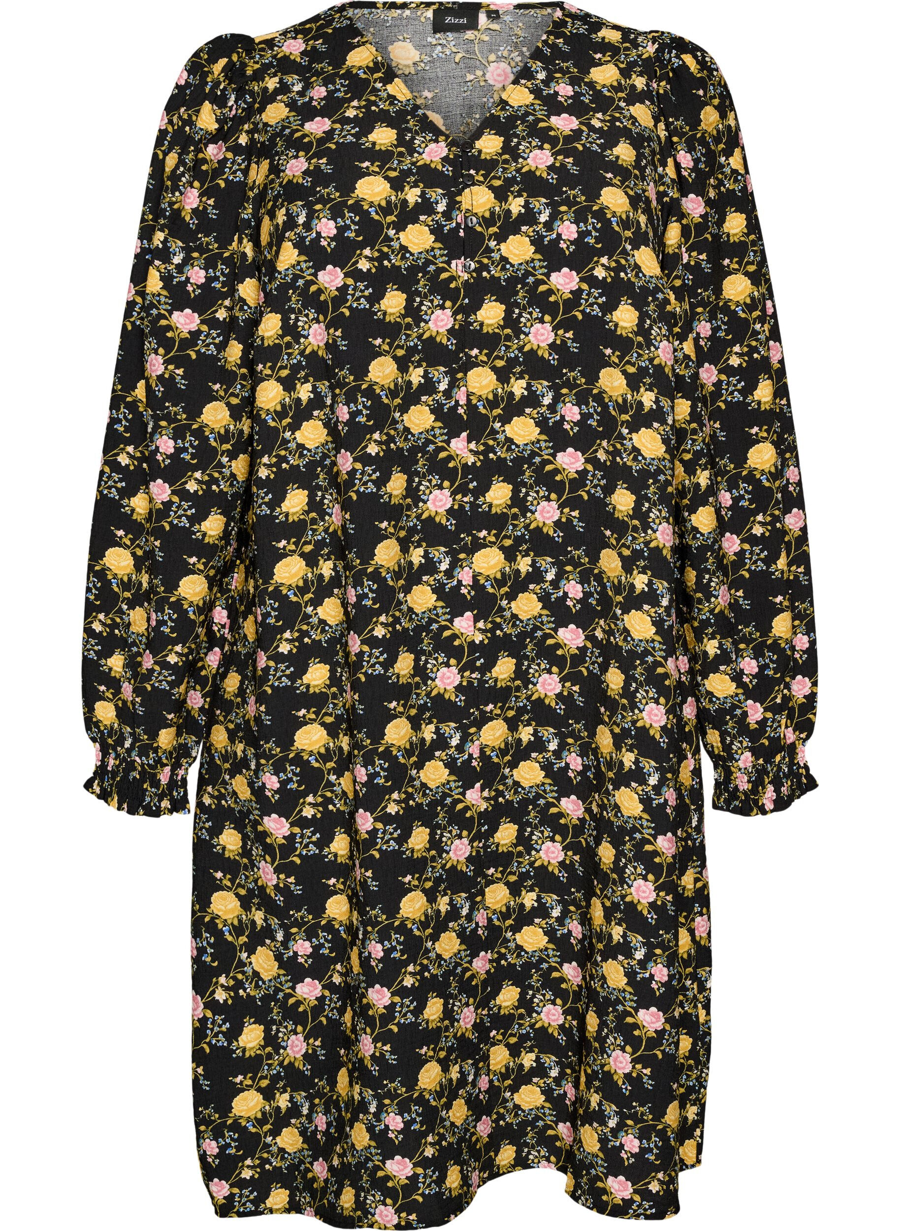 ZizziGemustertes Kleid aus Viskose mit langen &Auml;rmeln, Schwarz, Packshot image number 0