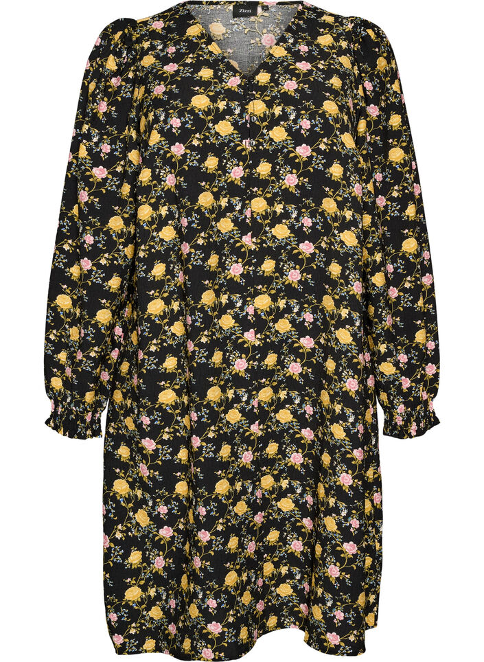 Gemustertes Kleid aus Viskose mit langen &Auml;rmeln, Schwarz, Packshot image number 0