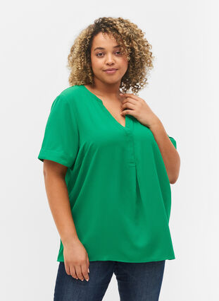 Kurzärmelige Bluse mit V-Ausschnitt, Jolly Green, Model image number 0