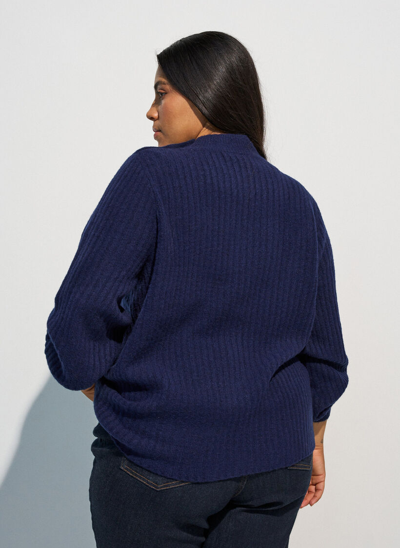 Pullover aus Rippstrick mit Puff&auml;rmeln und Kn&ouml;pfen, Blau, Model image number 2