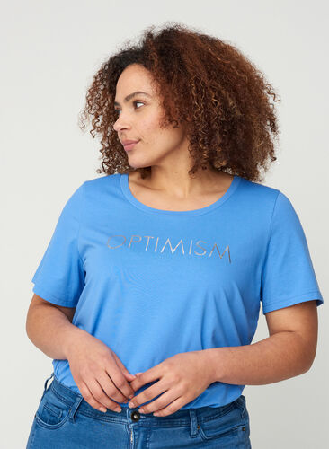 Kurzarm T-Shirt aus Baumwolle mit Aufdruck, Ultramarine OPTIMISM, Model image number 0