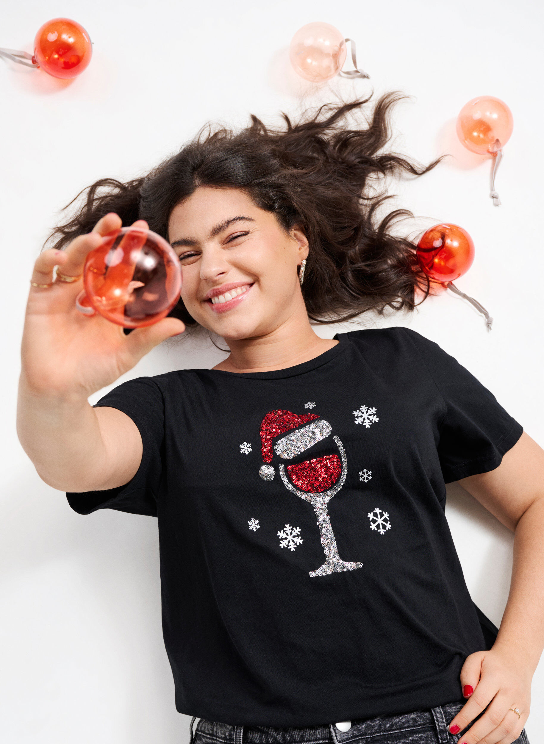 ZizziWeihnachtliche T-Shirts aus 100% Baumwolle, Black w. Wine, Image image number 0