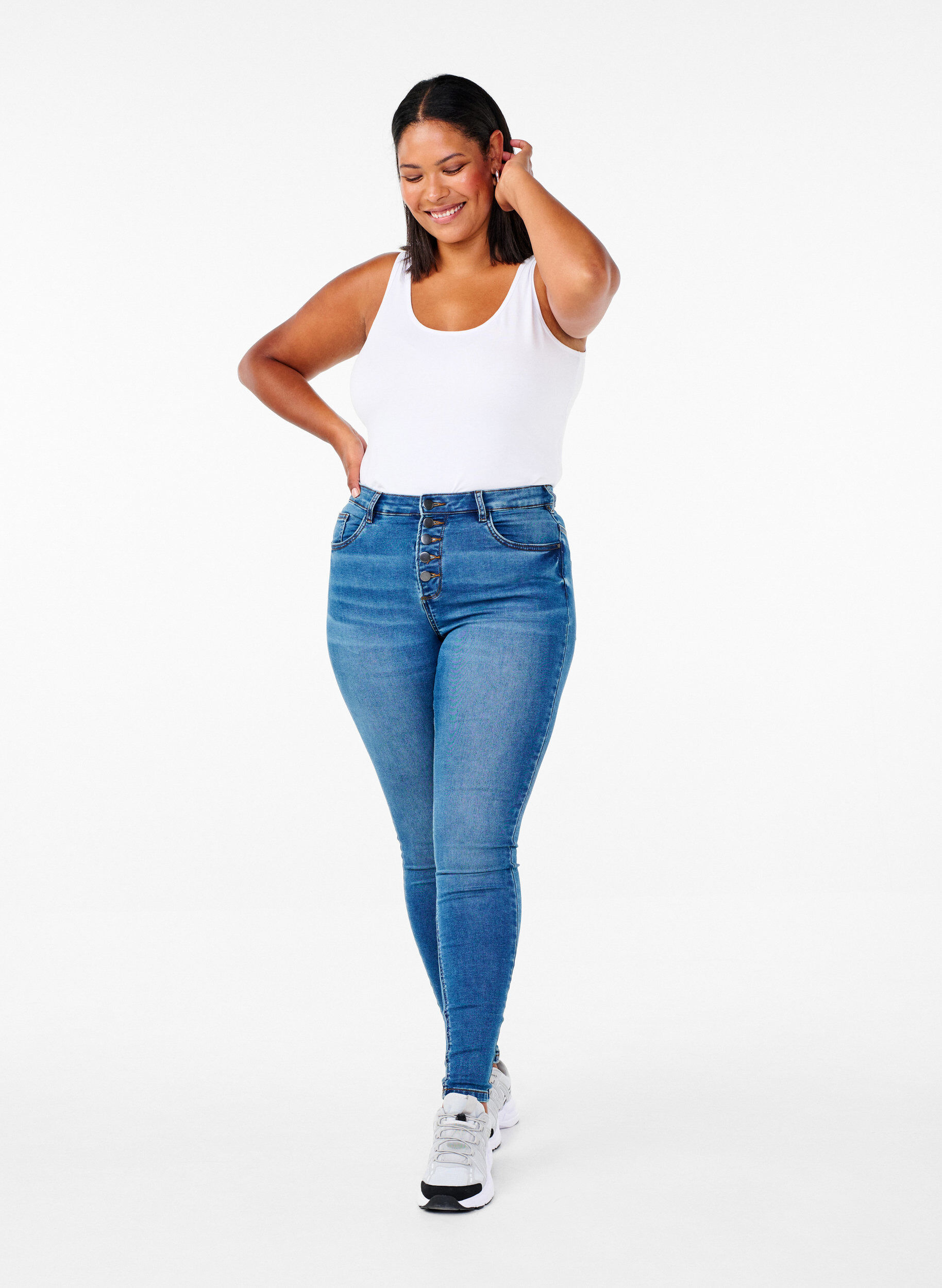 ZizziAmy Jeans mit hohem Bund und Knopfverschluss, Blue Denim, Model image number 0