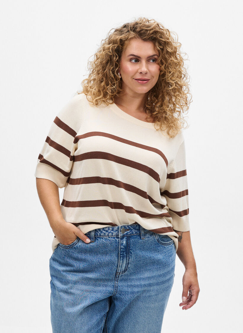 Gestreiftes Stricktop mit kurzen Ärmeln, Beige, Model image number 0