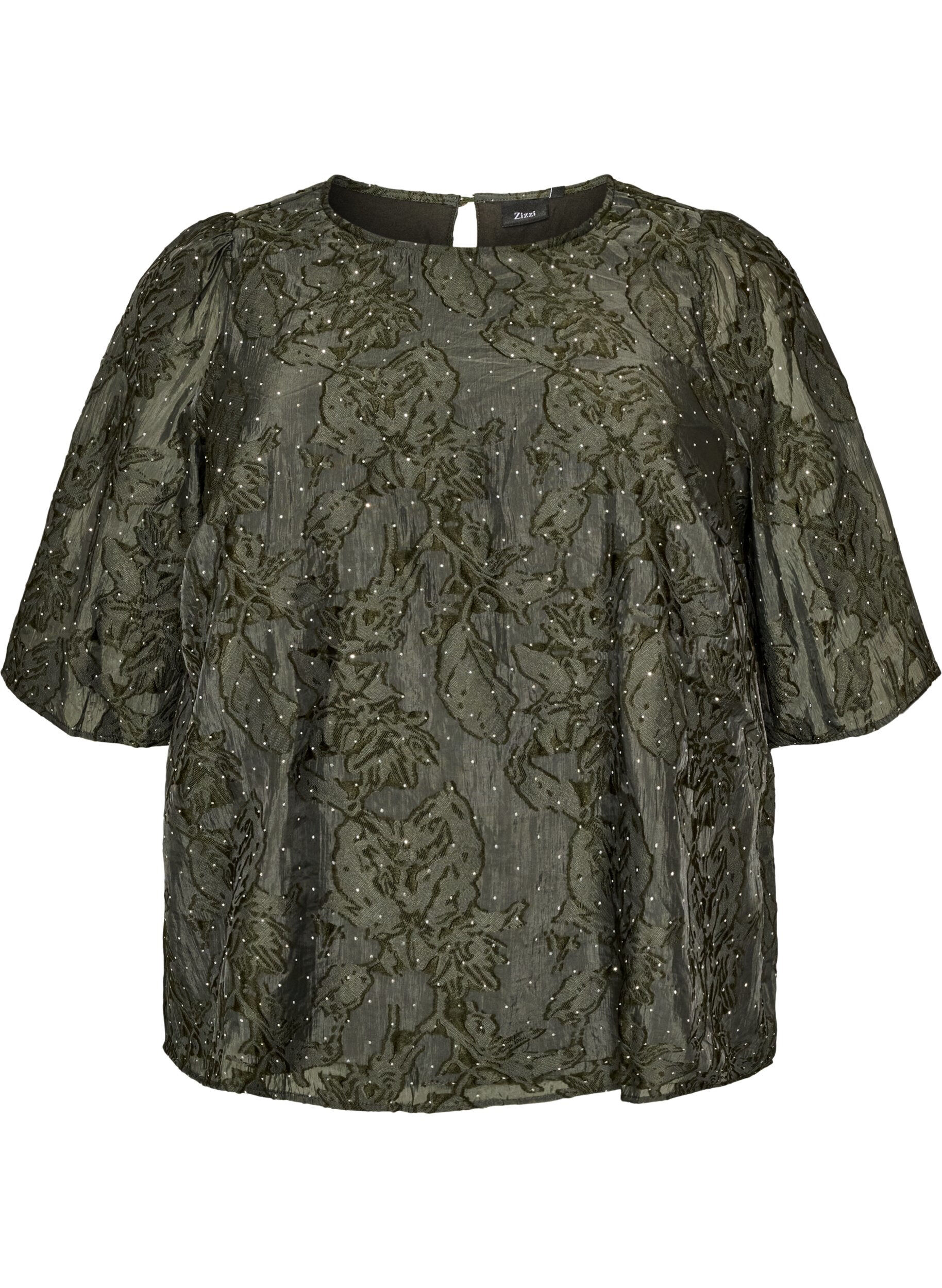 ZizziJacquardbluse mit funkelnden Details und Puff&auml;rmeln, Gr&uuml;n, Packshot image number 0