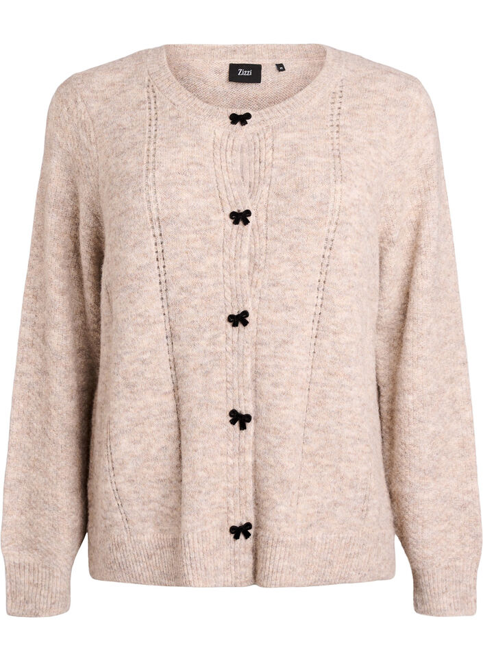 Cardigan mit Schleifenkn&ouml;pfen und Ajourmuster, Beige, Packshot image number 0