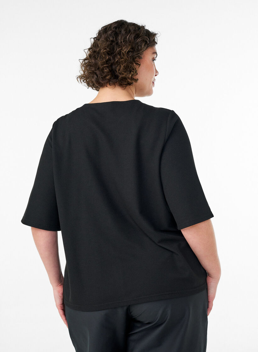 Bluse mit Rippstruktur und Knopfleiste, Schwarz, Model image number 2