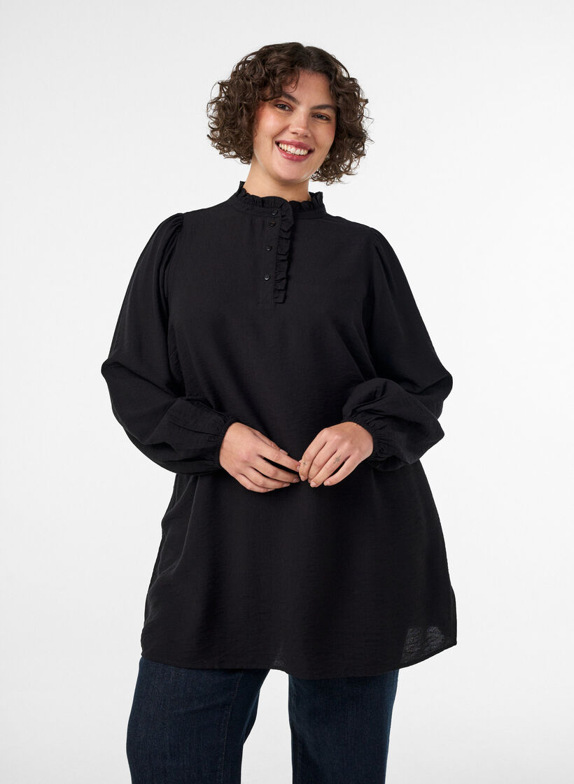 Tunika aus Viskose mit R&uuml;schen und Kn&ouml;pfen, Schwarz, Model image number 0