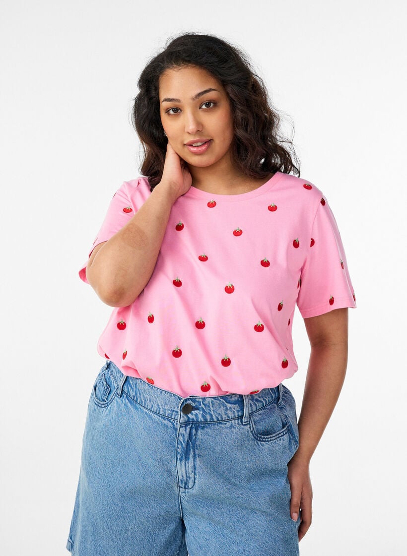 T-Shirt aus Bio-Baumwolle mit aufgestickten Motiven, Pink, Model image number 0