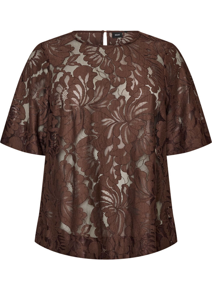 Bluse aus Spitze mit kurzen &Auml;rmeln, Braun, Packshot image number 0