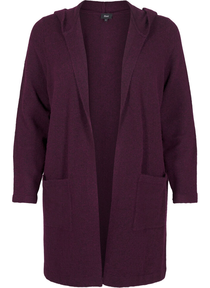 Langer Strickcardigan aus Wolle mit Kapuze, Potent Purple Mel., Packshot image number 0