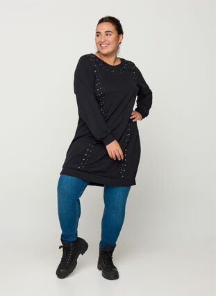 Sweatkleid aus Baumwolle mit Nieten, Black, Model image number 2