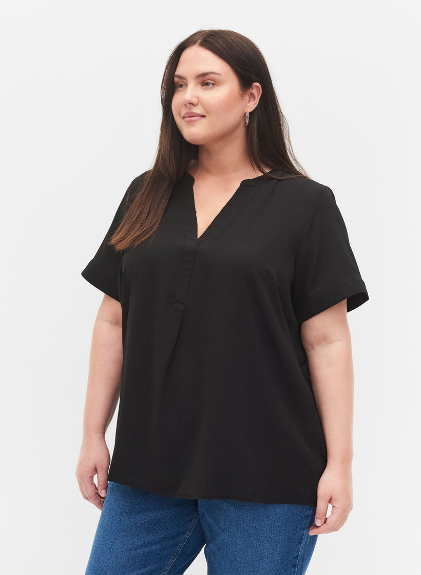 Kurzärmelige Bluse mit V-Ausschnitt, Schwarz, Model image number 0
