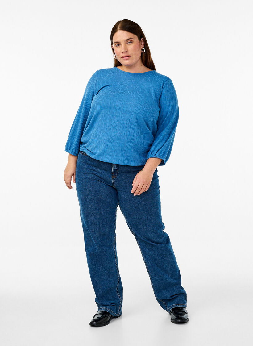 Bluse mit Struktur und 3/4-&Auml;rmeln, Blau, Model image number 1