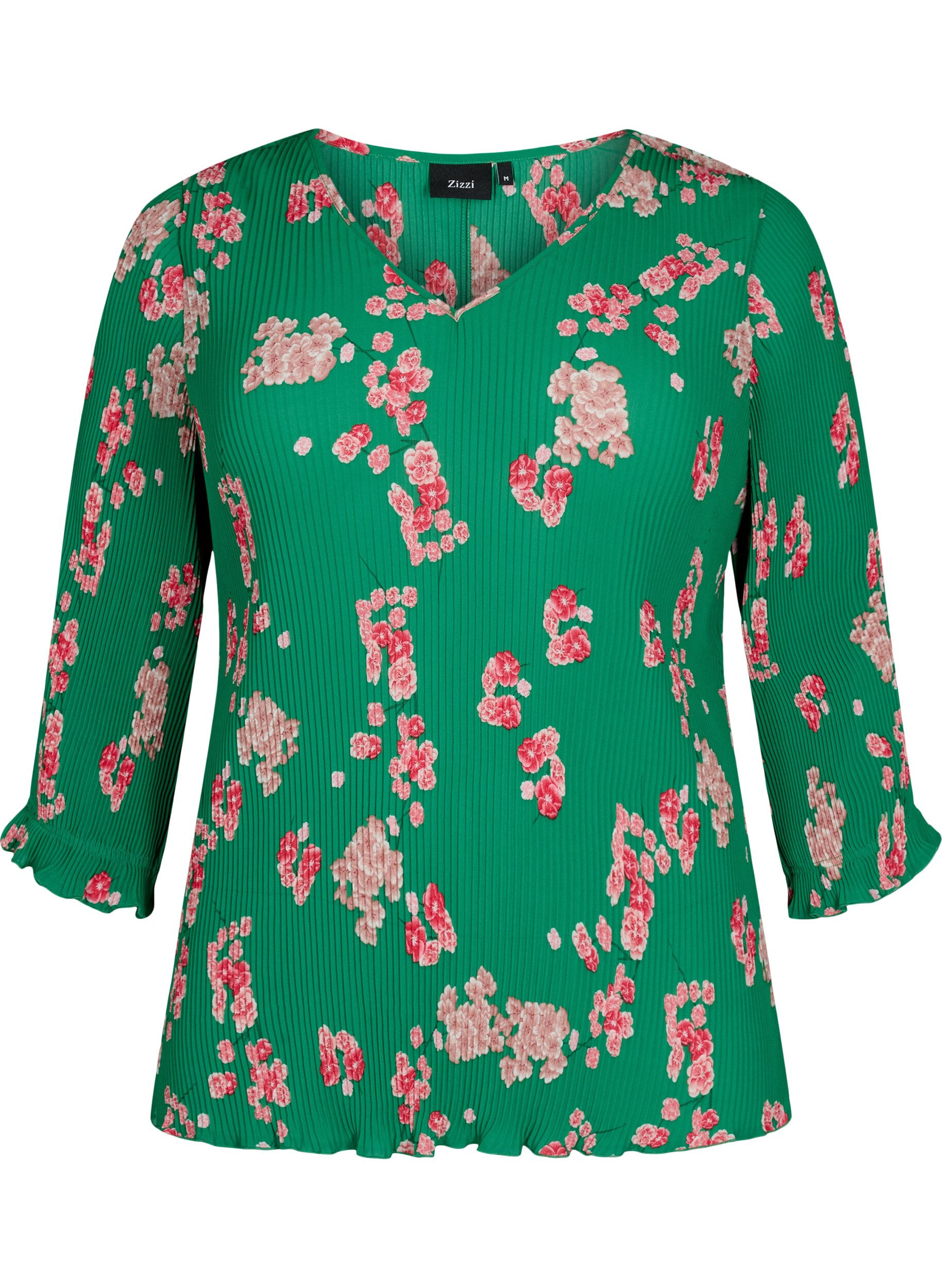 ZizziPlissierte Bluse mit 3/4-&Auml;rmeln, Jolly Green Flower, Packshot image number 0