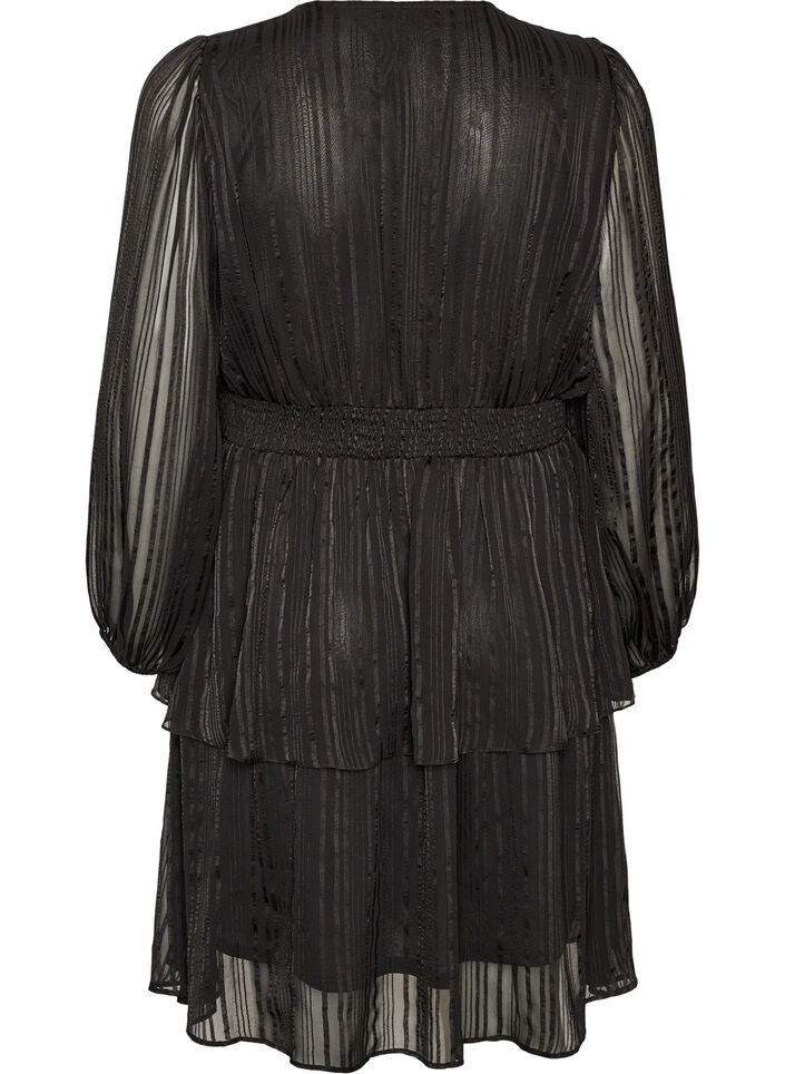 Knielanges Kleid mit transparenten Streifen und Wickeleffekt, Schwarz, Packshot image number 1