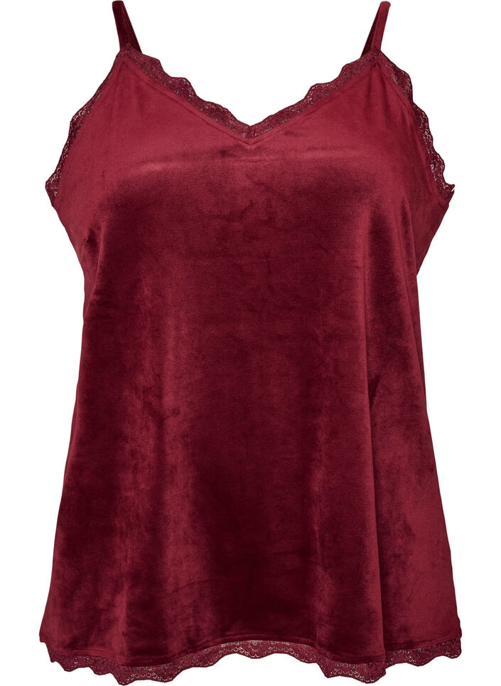 Top aus Velours mit Spitzen, Rot, Packshot image number 0